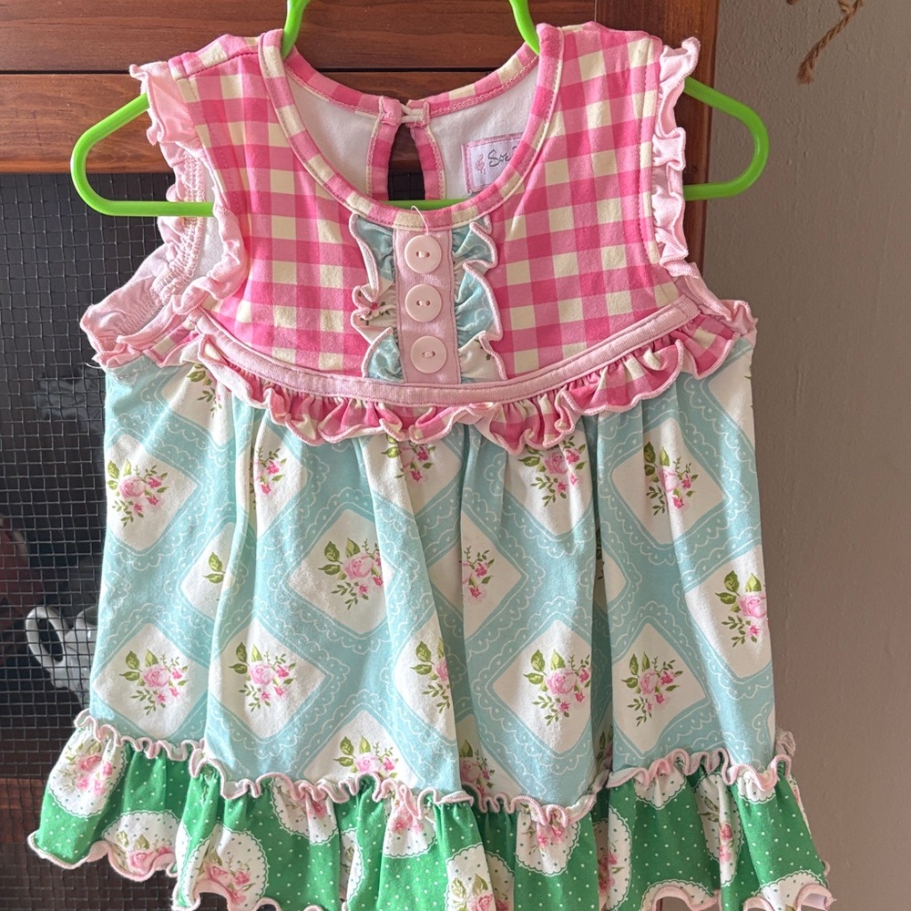 SweetHoney Pink Plaid & Aqua Floral Ruffled Girls Matching Set